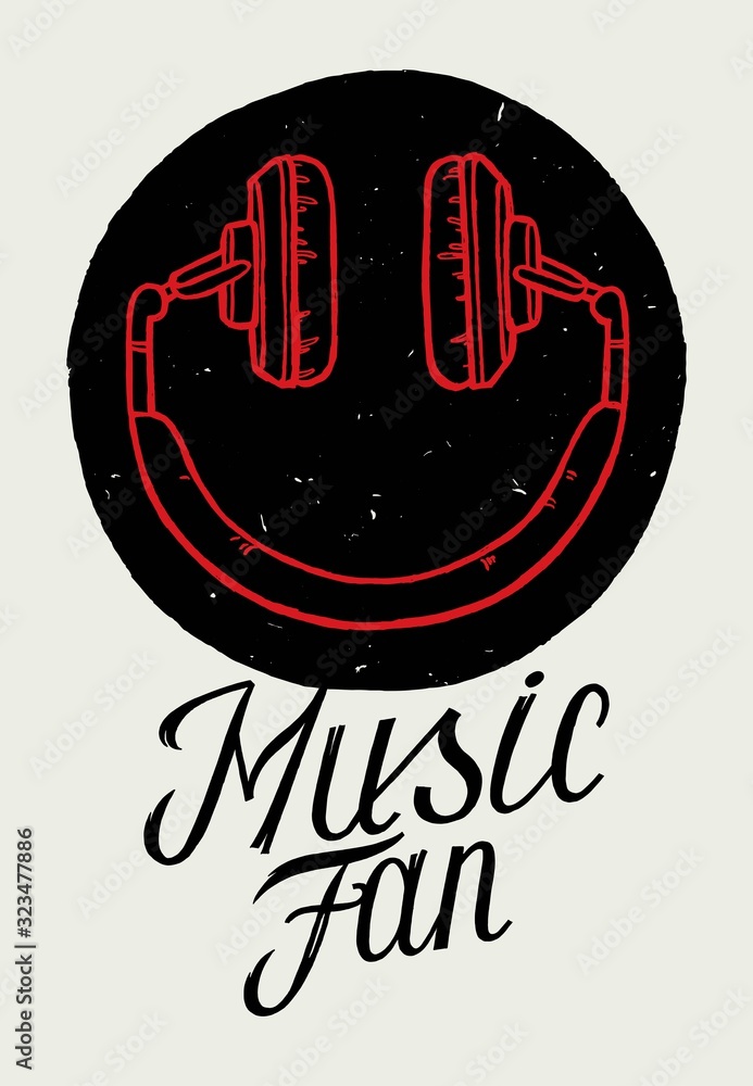 Fototapeta Headphones smiley face music person vector illustration. Music fan t-shirt print.