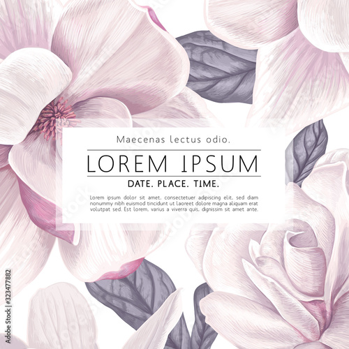 Greeting card template with realistic floral elements of white magnolia flowers and leaves. Can be used as discount banner, wedding or party invitation. Floral background with vector spring flowers.