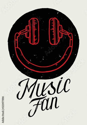 Headphones smiley face music person vector illustration. Music fan t-shirt print.