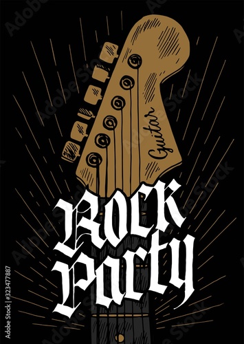 Rock party guitar headstock vintage typography poster. music vector illustration.
