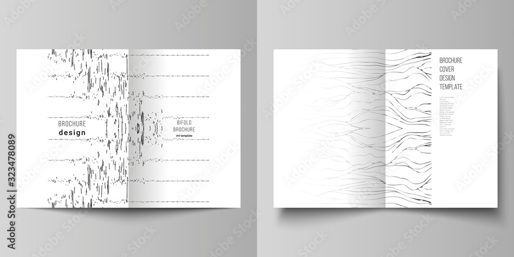 Vector layout of two A4 format modern cover mockups design templates for bifold brochure, flyer, booklet, report. Trendy modern science or technology background with dynamic particles. Cyberspace grid Vector layout of two A4 format modern cover mockups design templates for bifold brochure, flyer, booklet, report. Trendy modern science or technology background with dynamic particles. Cyberspace grid