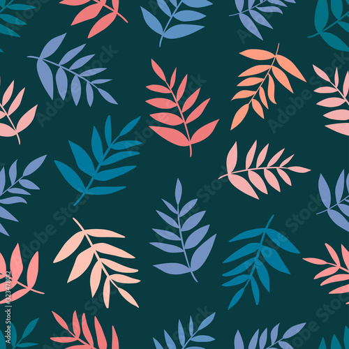 Pink, orange, blue and turquoise branches with leaves on dark green background. Seamless natural exotic pattern. Suitable for packaging, textile.