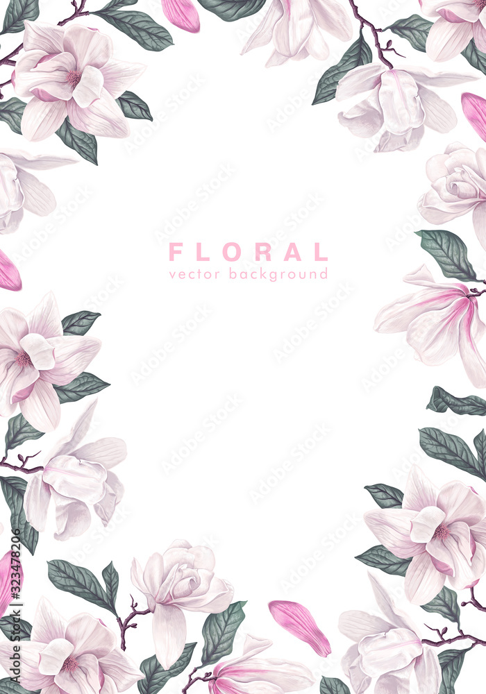 Spring vertical backdrop with white magnolia flowers, leaves and petals. High detail,vector flower on white background. Seasonal realistic illustration for greeting cards, sesonal sale banner template