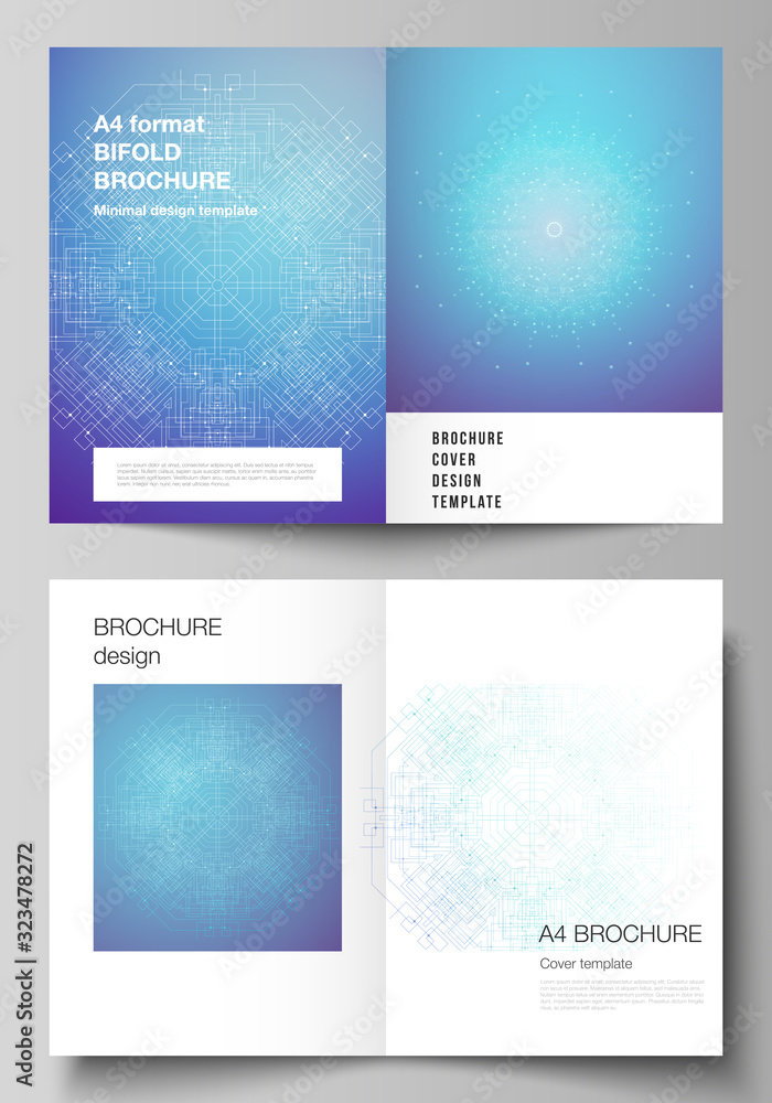 Vector layout of two A4 format modern cover mockups design templates for bifold brochure, flyer, booklet, report. Big Data Visualization, geometric communication background, connected lines and dots.