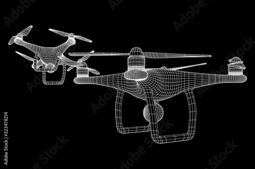 Remote control air drone. Dron flying with action video camera. Wireframe low poly mesh vector illustration