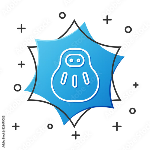 White line Maneki neko cat icon isolated on white background. Japan lucky charm. Blue hexagon button. Vector Illustration
