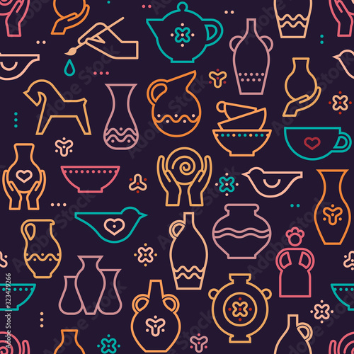 Vector pottery seamless pattern - ceramics pottery bowl.