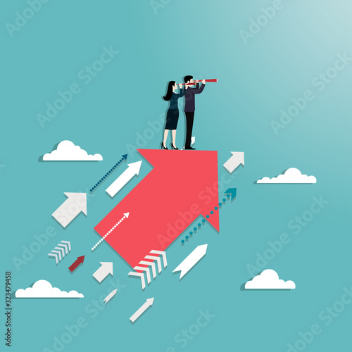 Vision concept of business people and telescope on arrow