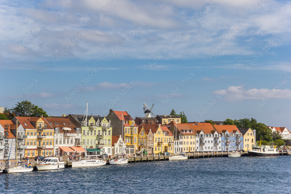 Colorful houses at the jetty in the harbor of Sonderborg, Denmark