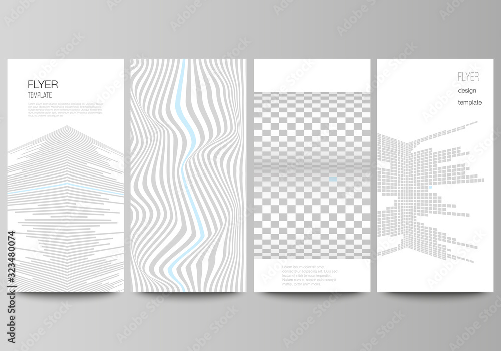 The minimalistic vector illustration of the editable layout of flyer, banner design templates. Abstract big data visualization concept backgrounds with lines and cubes.