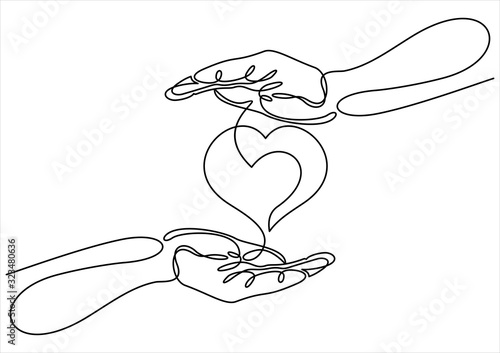 One continuous line drawing of hand holding heart.vector illustration