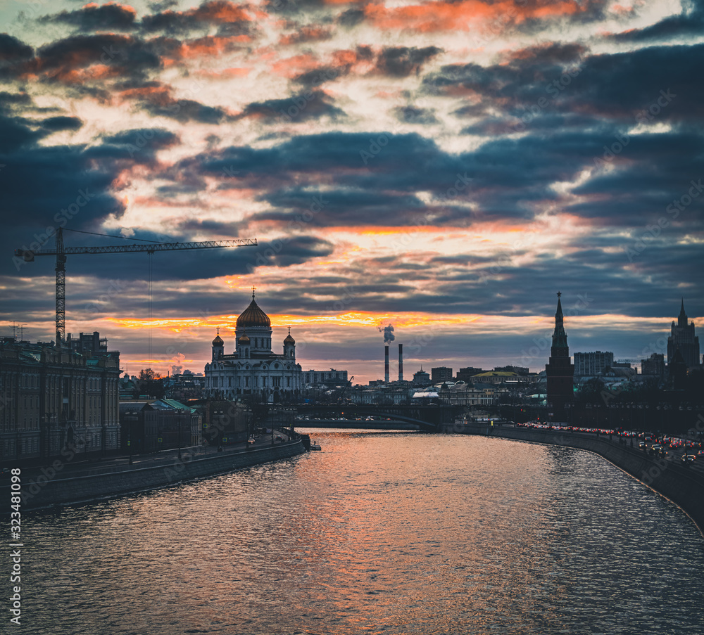 Wide angle view of the city of Moscow with Moscow River and Chris the Savior Cathedral at sunset. Travel destination Moscow, Russia