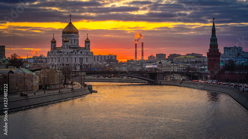 Beautiful wide angle view of the city of Moscow with Moscow River and Chris the Savior Cathedral at sunset. Travel destination Moscow, Russia