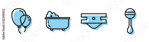 Set line Baby absorbent diaper, Balloons with ribbon, Baby bathtub and Rattle baby toy icon. Vector