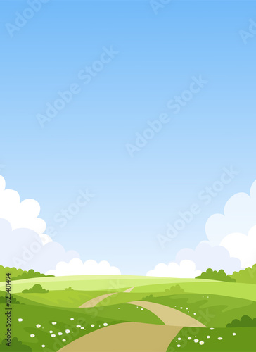 Card with a simple landscape, green meadows, blue sky with clouds. Spring natural background. Summer park with a trail. Vector illustration with copy space