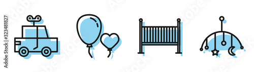 Set line Baby crib cradle bed, Toy car, Balloons in form of heart and Baby crib hanging toys icon. Vector