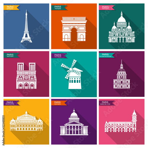 Paris landmarks and monuments. Vector flat icons with shadow