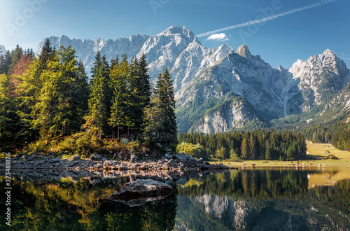 Awesome sunny landscape in the forest. Wonderful Autumn scenery. Picturesque view of nature wild lake. Sun rays through colorful trees. Incredible view on Fusine lakeside. Amazing natural Background