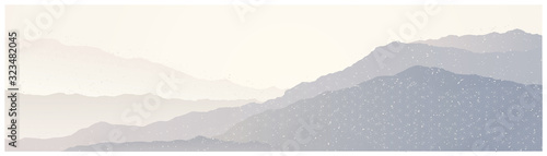 Mountain beautiful panoramic landscape in color halftone with the silhouettes of the mountains against the dawn and with decorative elements.
