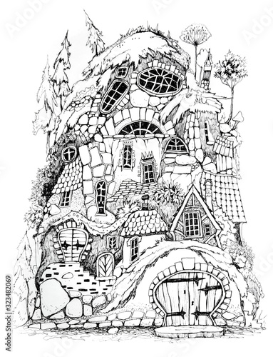 Wallpaper Mural Collection of ink drawing  houses for concept art inspiration. Magic village, fairy houses, fantasy medieval architecture. Conceptual art.  Torontodigital.ca