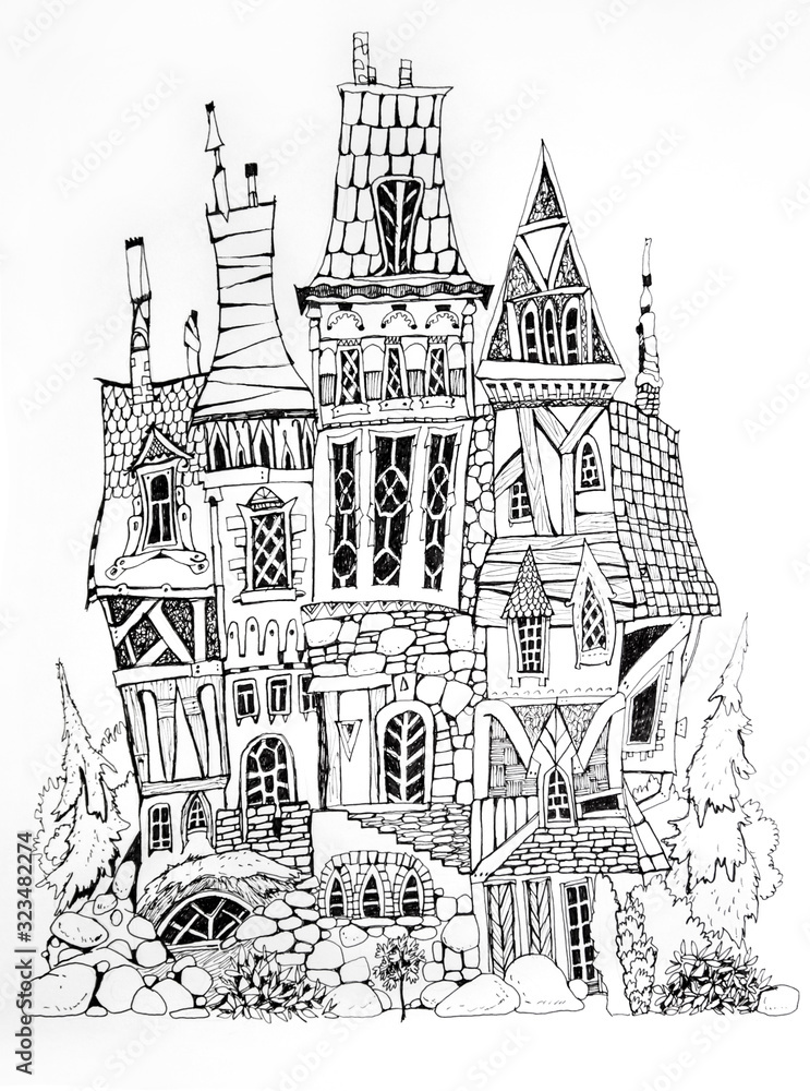 Collection of ink drawing  houses for concept art inspiration. Magic village, fairy houses, fantasy medieval architecture. Conceptual art. 