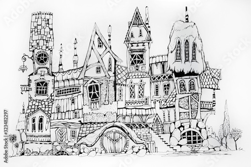 Collection of ink drawing  houses for concept art inspiration. Magic village  fairy houses  fantasy medieval architecture. Conceptual art. 
