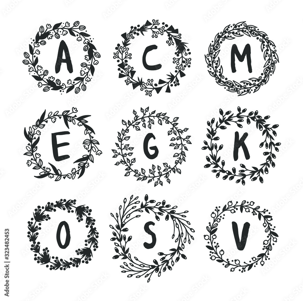 Hand drawn monogram object for design use. Black Vector doodle flower on white background and Capital Letter. Abstract pencil boho drawing twig. Artistic illustration elements plant Hand drawn monogram object for design use. Black Vector doodle flower on white background and Capital Letter. Abstract pencil boho drawing twig. Artistic illustration elements plant