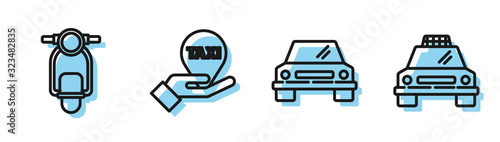 Set line Car, Scooter, Hand on map pointer with taxi and Taxi car icon. Vector