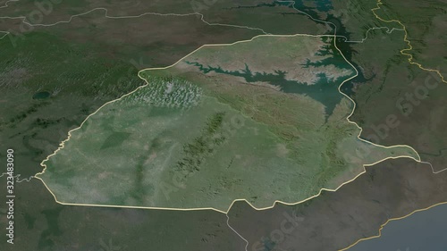 Eastern, region with its capital, zoomed and extruded on the satellite map of Ghana in the conformal Stereographic projection. Animation 3D photo