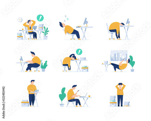 exhausted,Burnout concept,Long working day,Frustrated worker,Young exhausted manager sitting at the office