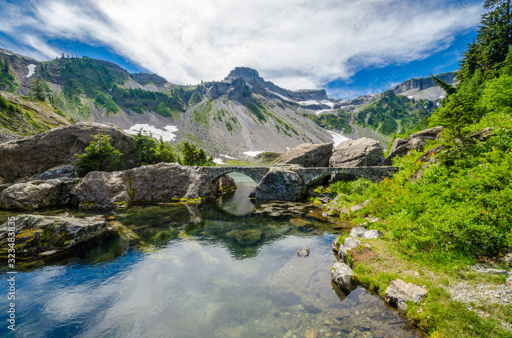 Fototapeta premium Beautiful Mountain River at the Bagley Lake Trail Park. Mount Baker, Washington, USA.