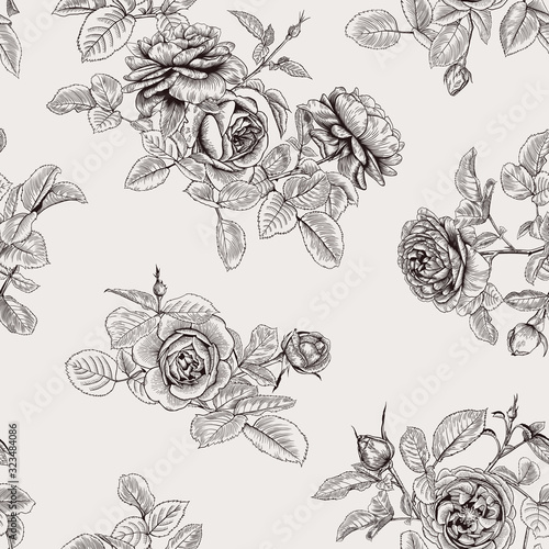 Vintage print with roses. Vector floral seamless pattern.  Botanical illustration. Black and white.