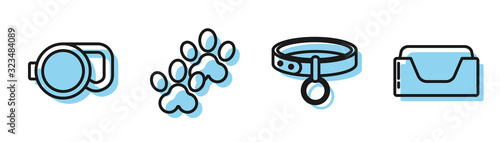Set line Collar with name tag, Retractable cord leash, Paw print and Pet bed icon. Vector