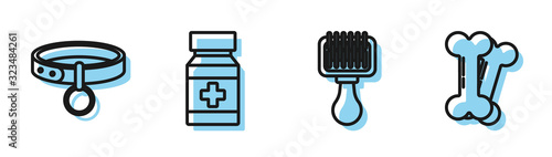Set line Hair brush for dog and cat, Collar with name tag, Dog medicine bottle and pills and Dog bone icon. Vector