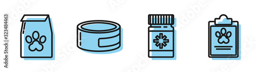 Set line Dog medicine bottle and pills, Bag of food for pet, Canned food and Clipboard with medical clinical record pet icon. Vector