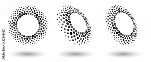 Halftone shapes, abstract dots logo emblem or design element for any project. Abstract dotted halftone vector with differents perspective