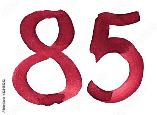 Watercolor numbers, hand-drawn by brush. Burgundy vintage symbol. Template for greetings, design, postcards, decoration.