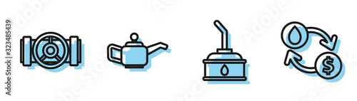 Set line Canister for motor machine oil, Industry metallic pipes and valve, Canister for motor machine oil and Oil exchange, water transfer, convert icon. Vector