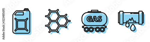 Set line Gas railway cistern, Canister for gasoline, Chemical formula consisting of benzene rings and Broken metal pipe with leaking water icon. Vector