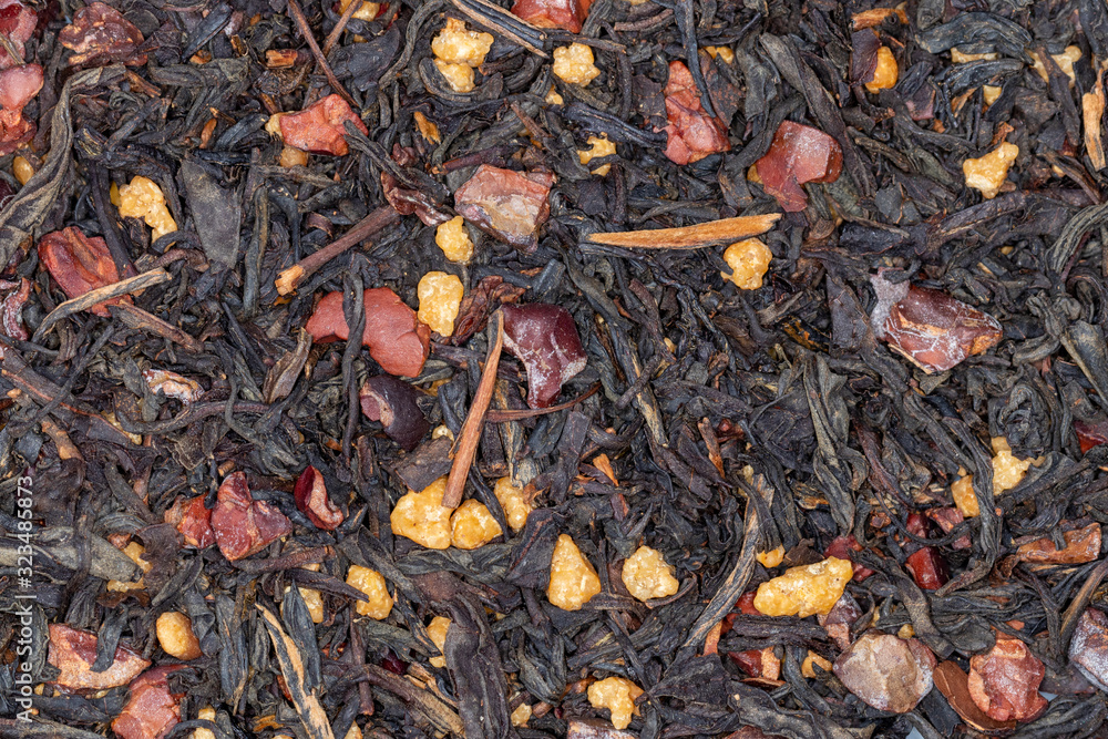 Layer of herbal black tea with spices and chocolate