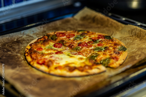 Newly baked pizza with tomato, mozzarella, onion, broccoli and cheese