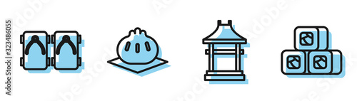 Set line Japan Gate, Geta traditional Japanese shoes, Khinkali on cutting board and Sushi icon. Vector