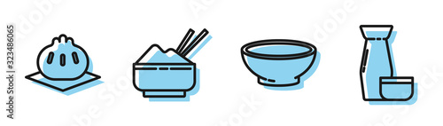 Set line Bowl of hot soup, Khinkali on cutting board, Rice in a bowl with chopstick and Traditional Japanese tea ceremony icon. Vector