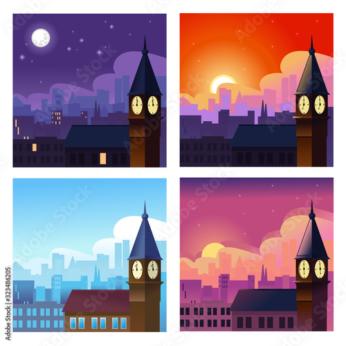 Cartoon Different Time of The Day Concept Banner Set. Vector