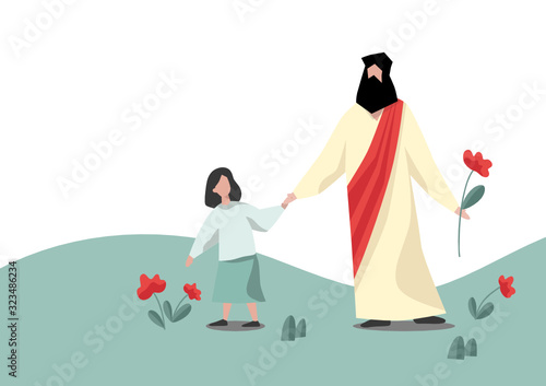 Jesus Christ with children, Messiah symbol of Christianity hand drawn vector.