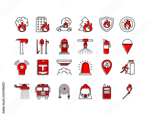 Firefighter Sign Color Thin Line Icon Set. Vector