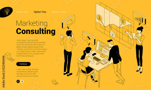 Flat design isometric landing page vector concept for financial and marketing consulting, business and data analysis. Flat design vector template for web banner, web page and mobile app.