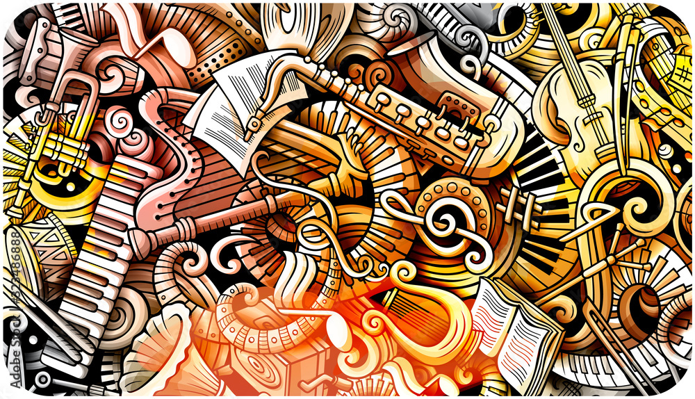 Classic Music hand drawn doodle banner. Cartoon detailed flyer.