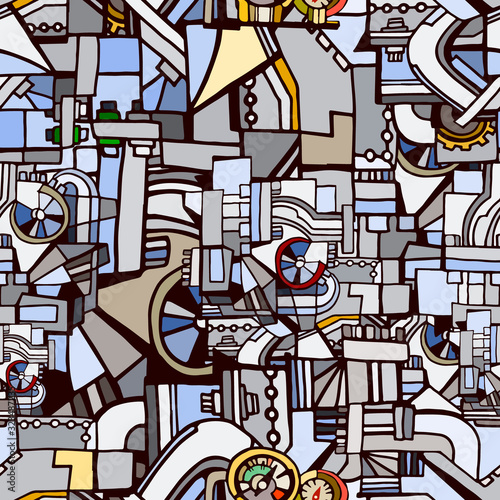 Abstract colorful illustration with sketch elements featuring decorative industrial or machine parts, pipes and wheels. Hand drawn.