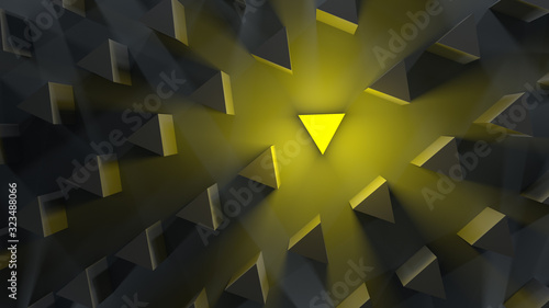 Foto outstanding yellow coalescing prism among gray simple prisms on a dark background